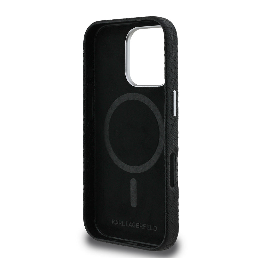 Karl Lagerfeld iPhone 16 Pro Max Orjinal Lisanslı PU Deri Damgalı Metal Yazı Logolu Kılıf Karl Lagerfeld iPhone 16 Pro Max Orjinal Lisanslı PU Deri Damgalı Metal Yazı Logolu Kılıf